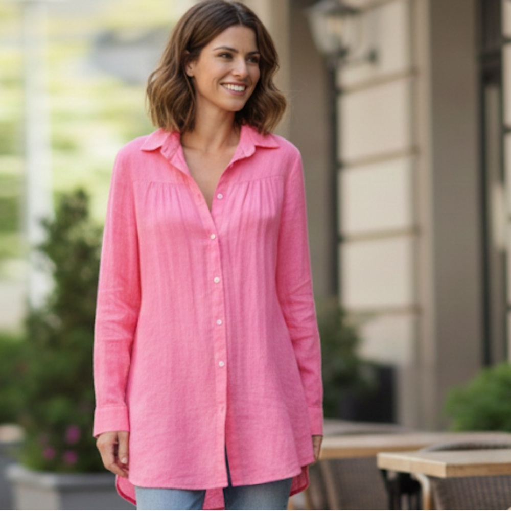 120% Lino Coral Pink Oversized Linen button down Blouse Size large